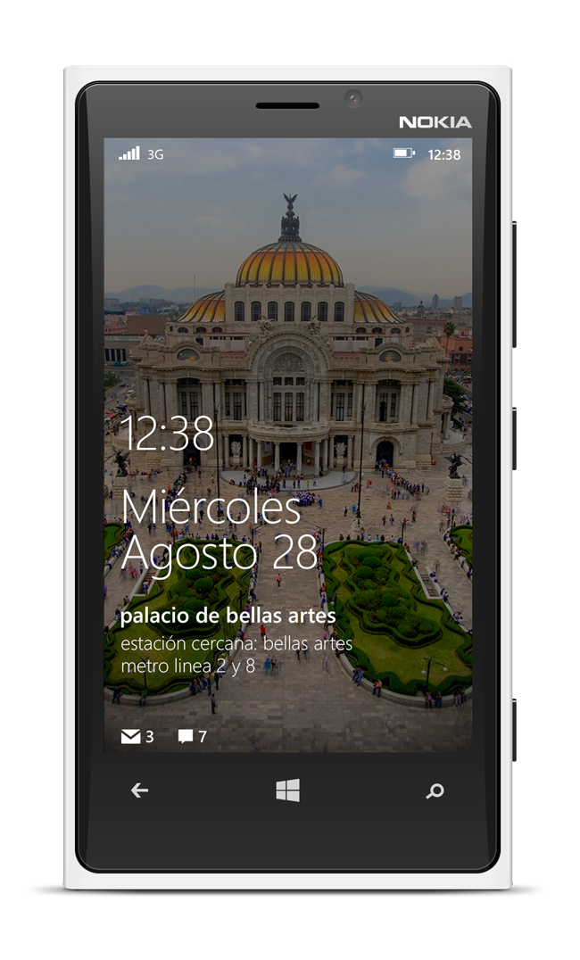 Windows Phone Live Tile showing Palacio de Bellas Artes with nearby station information.