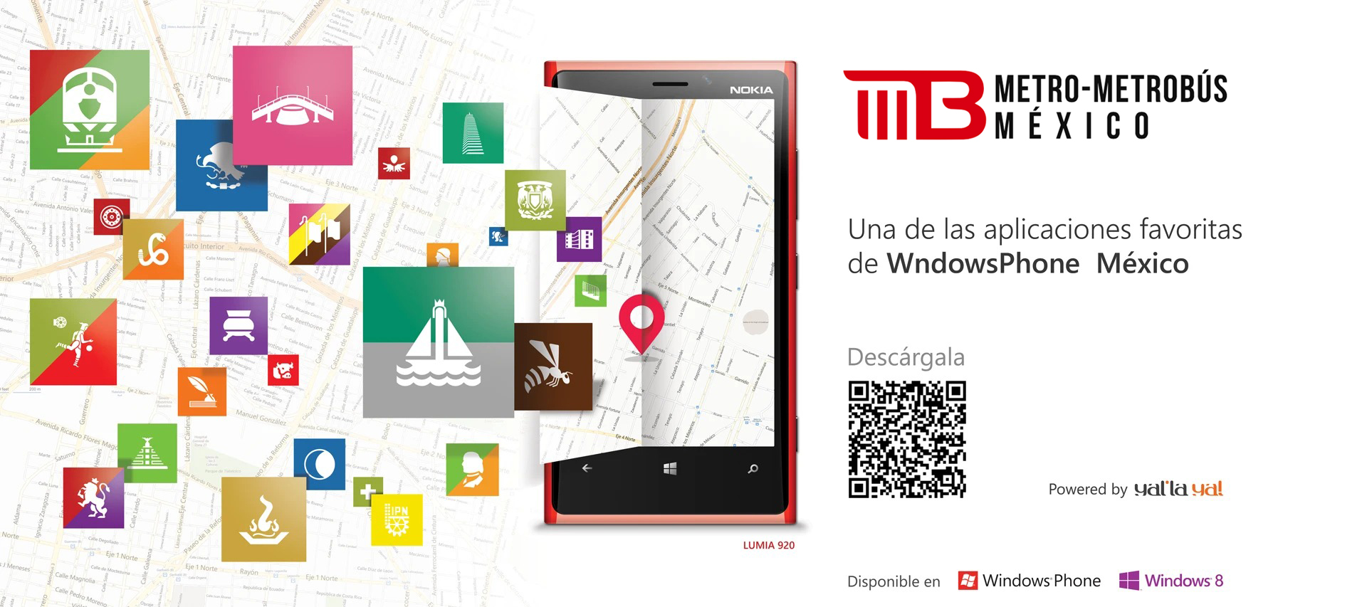 Promotional graphic reading 'One of WindowsPhone México's favorite apps', showing the app's station icons, a Lumia 920 running MB Ciudad de México, and a download QR code.